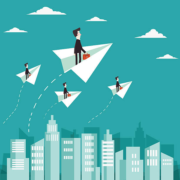 illustrazioni stock, clip art, cartoni animati e icone di tendenza di uomo d'affari che vola con un aereo di carta sulla città - cambiare-ufficio