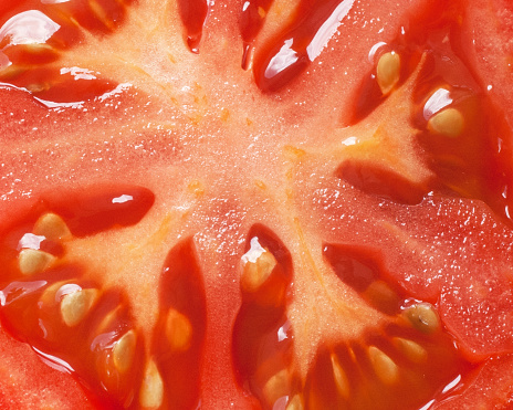 juicy red tomato slice extreme closeup of flesh seeds and textures