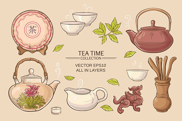 illustrazioni stock, clip art, cartoni animati e icone di tendenza di cerimonia del tè set - tea cup tea green tea chinese tea