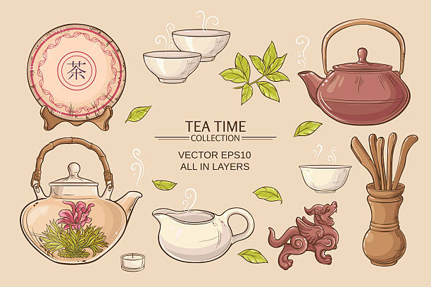 ilustrações de stock, clip art, desenhos animados e ícones de cerimónia do chá conjunto - tea cup tea green tea chinese tea