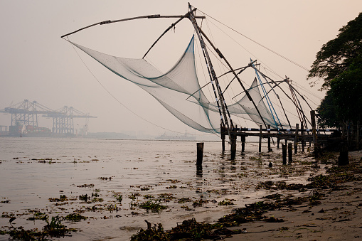 Fishing nets and boat in Cochin (Kochi), Kerala, India