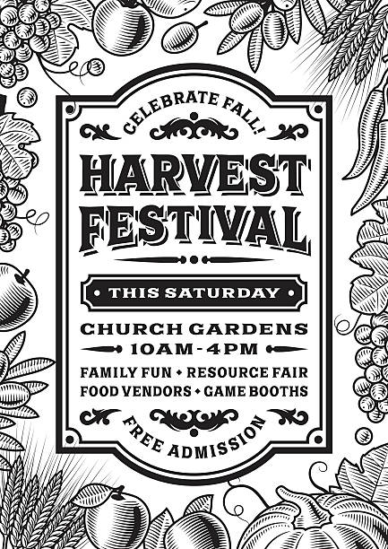 Vintage Harvest Festival Poster Black And White Vintage harvest festival poster in woodcut style. Editable black and white vector illustration with clipping mask. chili pepper border stock illustrations