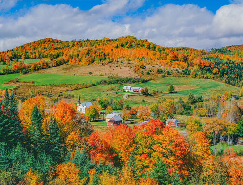 Quaint New England Village of East Orange with peak autumn color, Vermont