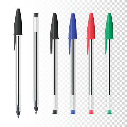 Realistic set of ballpoint pens on white background (black, blue, red, green).