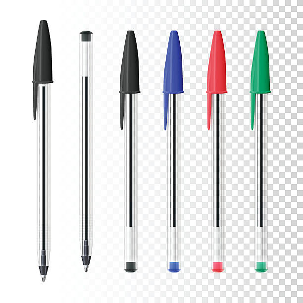 Set of six ballpoint pens on blank background Realistic set of ballpoint pens on white background (black, blue, red, green). ballpoint pen stock illustrations