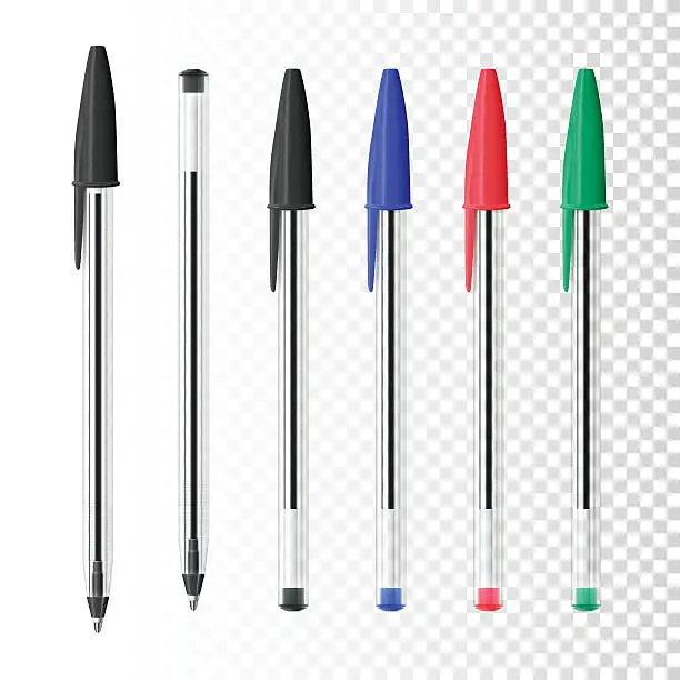 Vector illustration of Set of six ballpoint pens on blank background