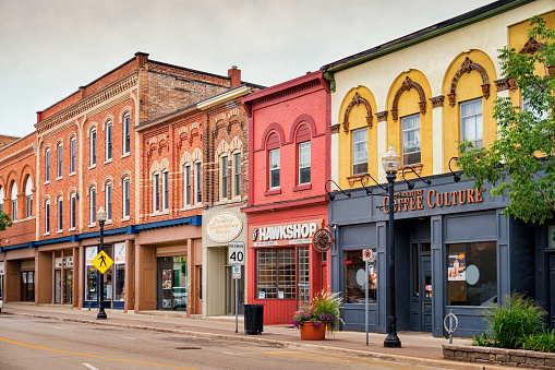 Cityscape photo of colorful, ornate facades and businesses in downtown Owen Sound, Ontario, Canada. Owen Sound is located on an inlet of Georgian Bay and it is the county seat of Grey County.
