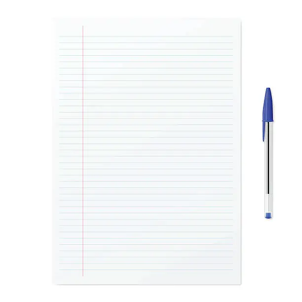 Vector illustration of Blank paper with blue ballpoint pen on white backgorund