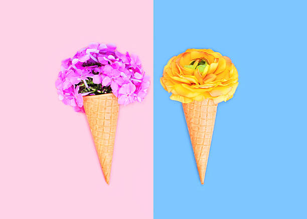 istock Two ice cream cone with flowers over colorful pink blue 592672472