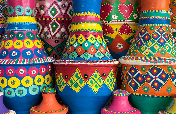 istock Composition of artistic painted clorful handcrafted pottery vases 592672682