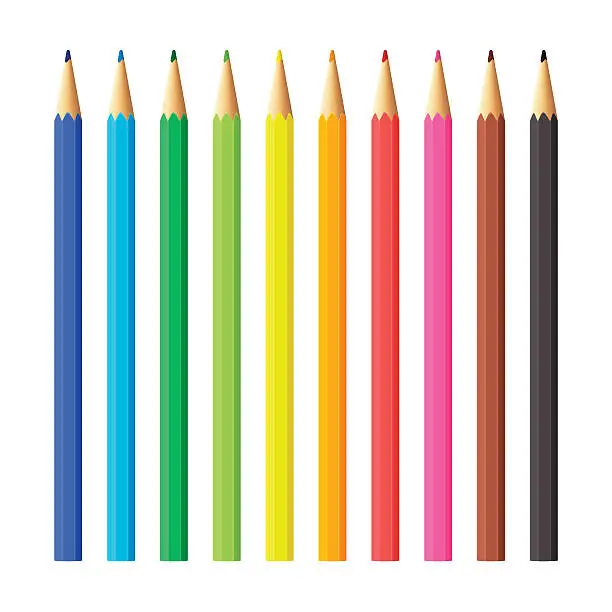 Vector illustration of Set of ten color pencils on white background