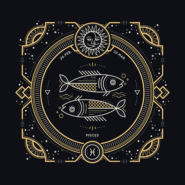 винтаж тонкая линия рыб знак зодиака этикетки. - pisces stock illustrations