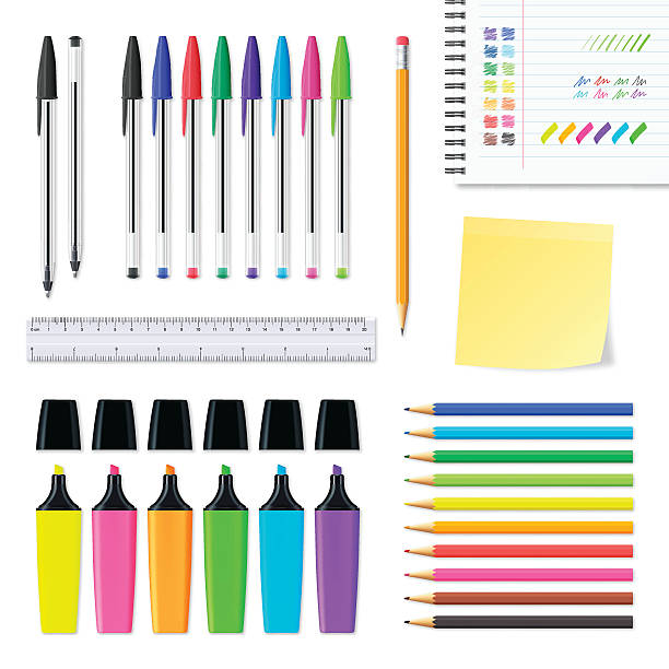 흰색 배경에 격리된 사무실 소모품 세트 - office supply pen pencil writing instrument stock illustrations