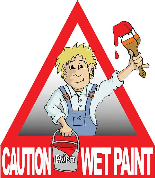 Vector illustration of painter holding brush and bucket signs caution wet paint
