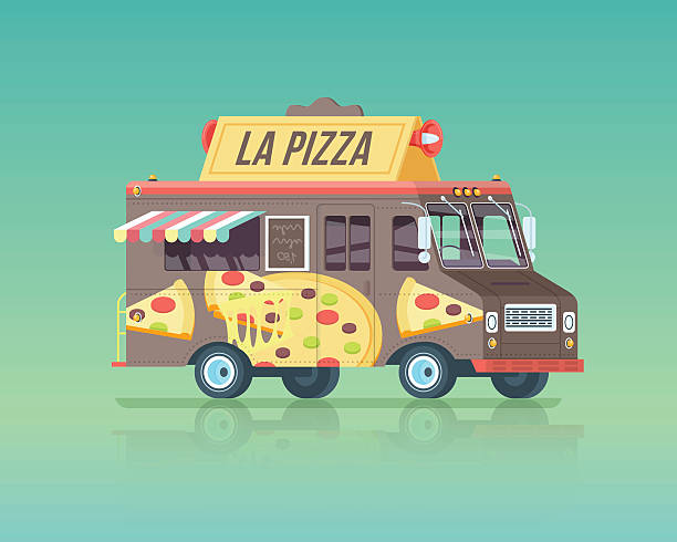 vector colorful flat pizza truck. vintage colors concept illustration. - van vleuten 幅插畫檔、美工圖案、卡通及圖標