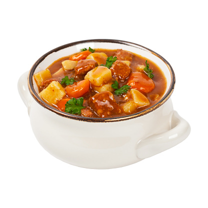 Beef Stew Isolated on white. Selective focus.