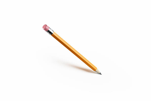 Diagonally positioned yellow pencil casting shadow on white background. Pencil has earser. It is isolated on white background. Clipping path is included.
