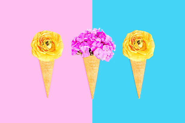 istock Three ice cream cone with flowers over pink blue colorful 592679756