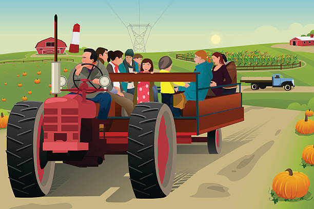 illustrations, cliparts, dessins animés et icônes de les gens sur un hayride - farm pumpkin autumn farmer