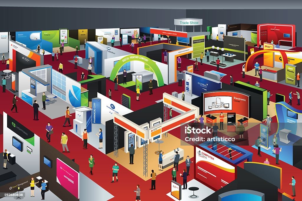 People at an Exhibition A vector illustration of people looking at an exhibition booths Tradeshow stock vector