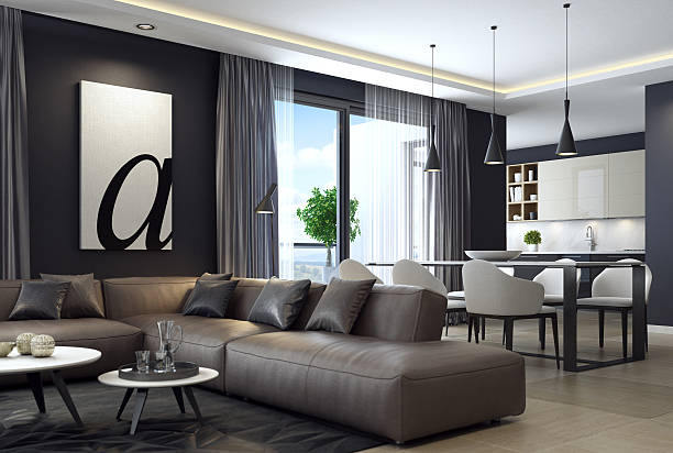 modern luxury black style apartment with leather sofa - living room showcase interior luxury dining room imagens e fotografias de stock