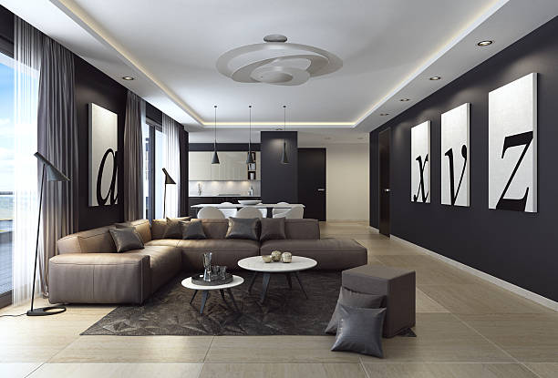 istock Modern black luxury style apartment with leather sofa 592681664