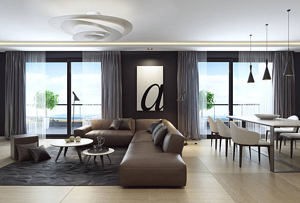istock Modern black luxury style apartment with leather sofa 592681694
