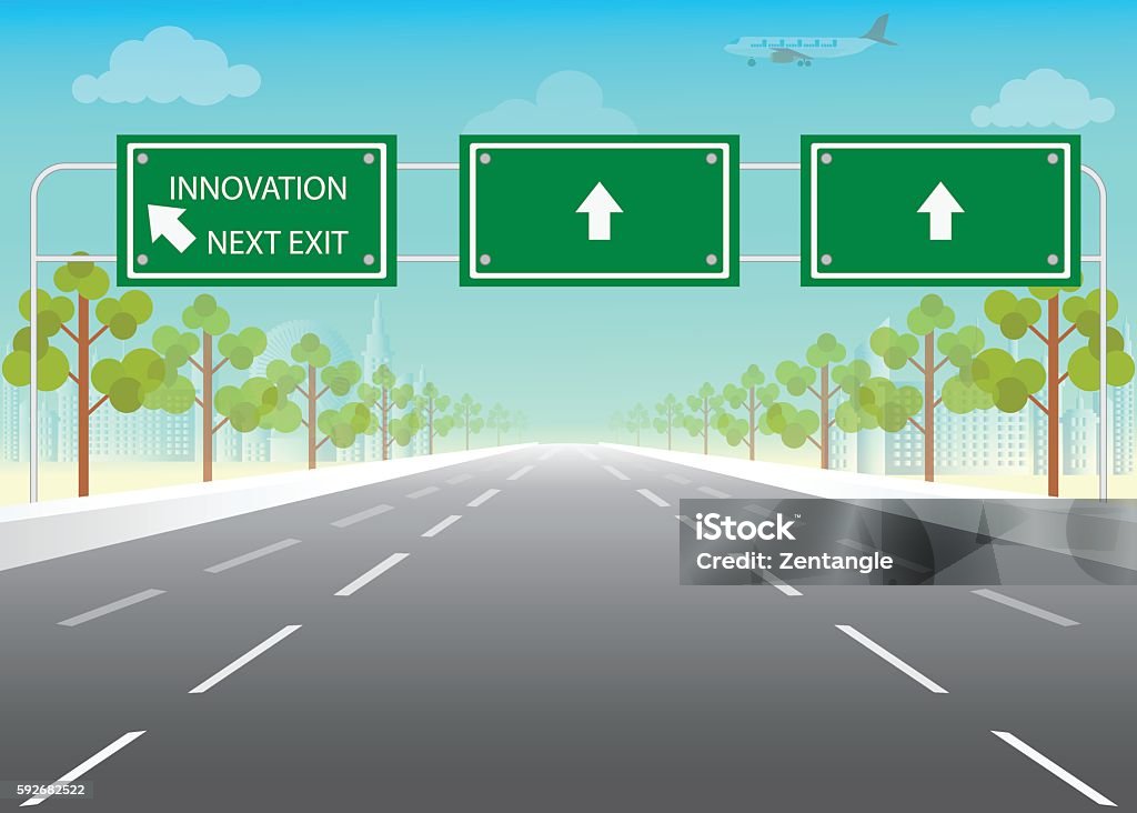 Road sign with innovation next exit words on highway. Road sign with innovation next exit words on highway, conceptual flat design vector illustration. Exit Sign stock vector Road sign with innovation next exit words on highway. Road sign with innovation next exit words on highway, conceptual flat design vector illustration. Exit Sign stock vector