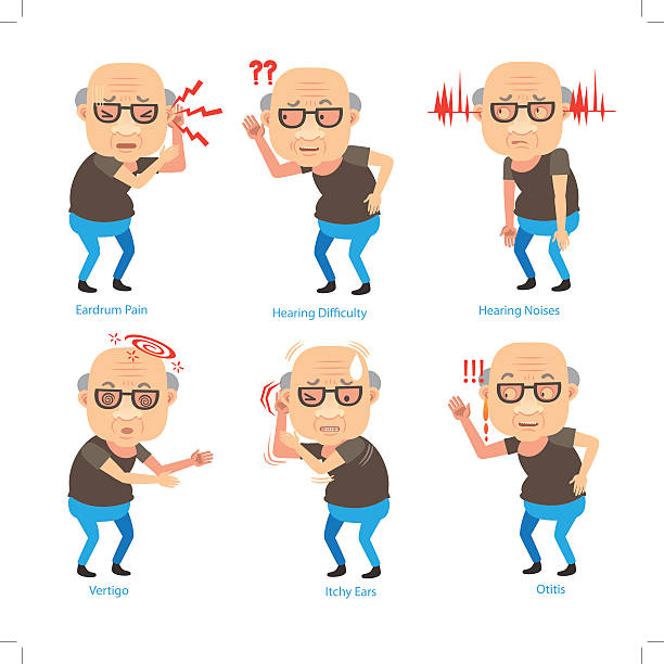 Hearing Loss Old Man ear problems cupping his ear having difficulty hearing.Cartoon vector illustration old man cupping his ear to hear something stock illustrations