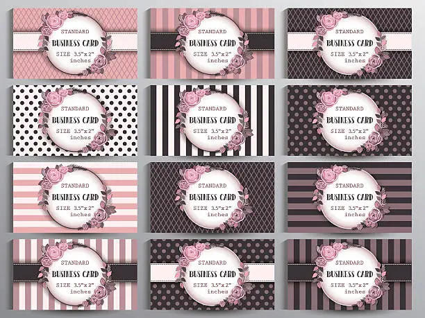 Vector illustration of Standard US Business cards set. Vintage collection of twelve cards