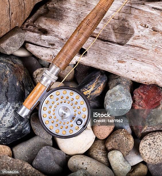 Vintage Fly Rod And Reel On Rustic Wooden Boards Stock Photo - Download  Image Now - Activity, Antique, Directly Above - iStock