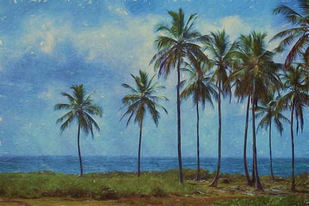istock Digital art, paint effect, Palm tree Samana beach, Dominican republic 592689010
