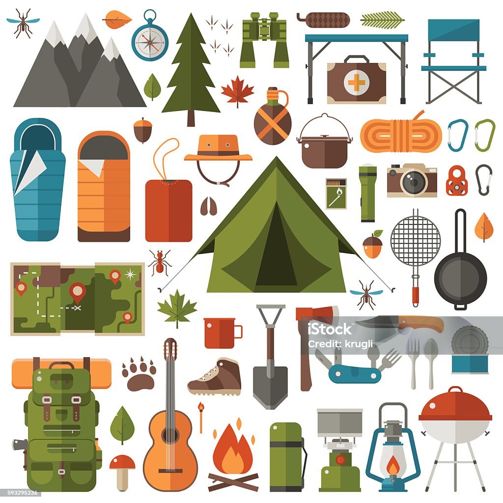 キャンプとハイキング用具セット - キャンプするのロイヤリティフリーベクトルアート