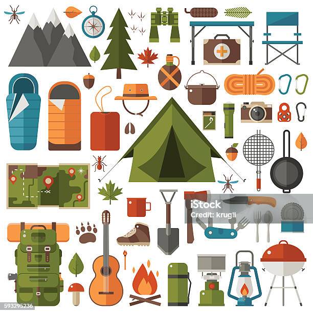 キャンプとハイキング用具セット - キャンプするのベクターアート素材や画像を多数ご用意 - キャンプする, アイコン, 道具類