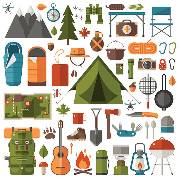 кемпинг и пешие прогулки оборудование установить - hiking adventure outdoor pursuit backpacker stock illustrations