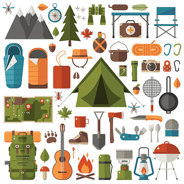 Camping and Hiking Equipment Set Mountain hike elements. Autumn forest camping set. Hiking equipment and gear vector icon collection. Mountains, tent, binoculars, campfire, barbecue, flashlight, lantern, camera. Tourist camp tools. hiking icons stock illustrations