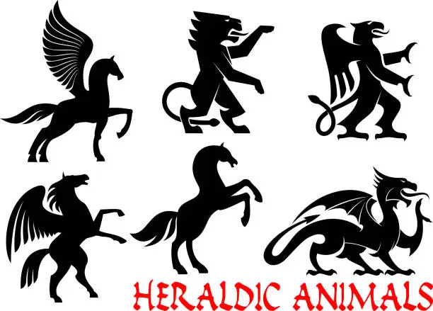 Vector illustration of Heraldic mythical animals vector icons