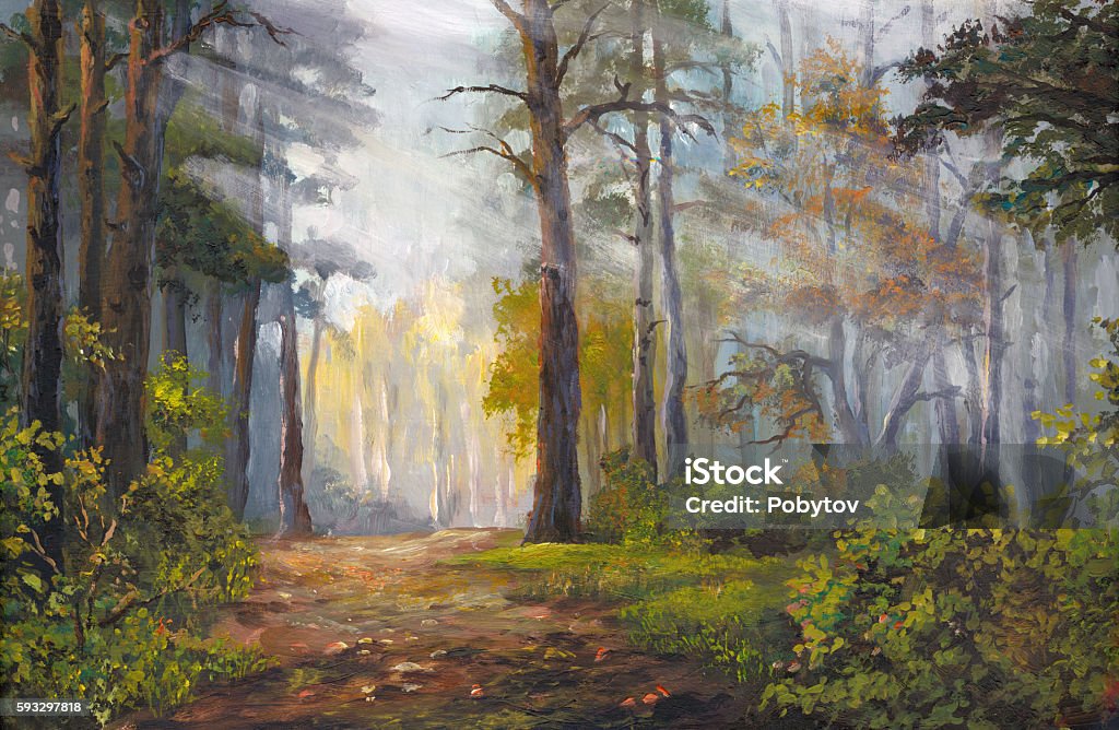 autumn morning in the forest, acrylic painting Landscape - Scenery stock illustration