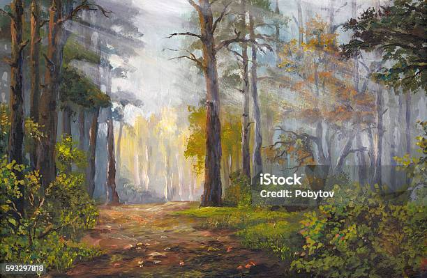 Autumn Morning In The Forest Acrylic Painting Stock Illustration - Download Image Now - Landscape - Scenery, Painting - Art Product, Watercolor Painting