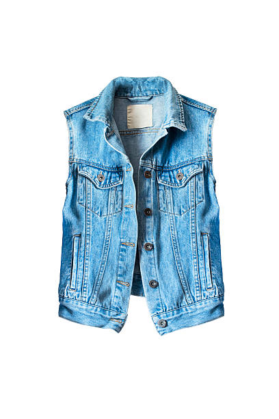 gilet in denim isolato  - denim jacket foto e immagini stock