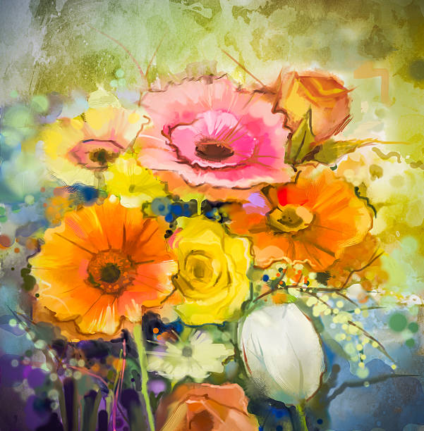 istock Watercolor painting still life  gerbera, rose, tulip flowers 593305284