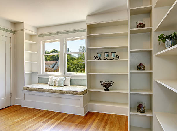 istock Hallway interior in light tones with rest area and shelves 593306440