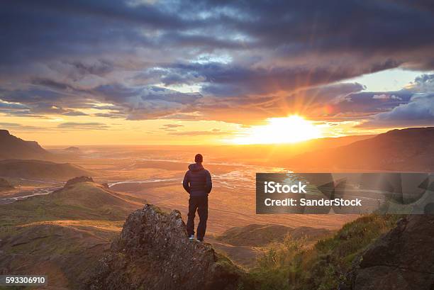 Iceland Sunset Stock Photo - Download Image Now - Men, Mountain, Hiking