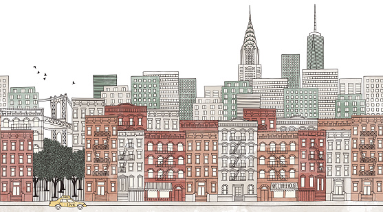 Seamless banner of New York's skyline, hand drawn and digitally colored ink illustration
