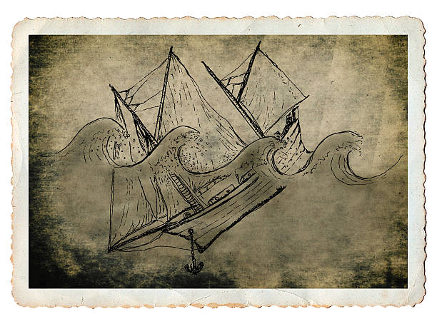 Ship sinking, artistic ink and watercolour drawing on parchment paper, vintage sea card with deckle edges photo frame isolated on white.