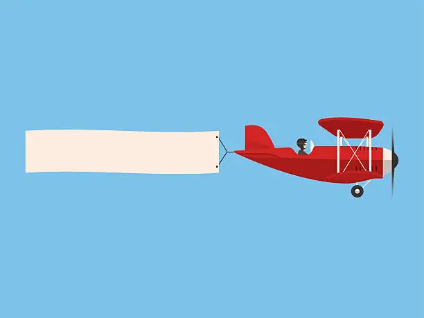 Vector illustration of Retro airplane in the sky with poster, flat design