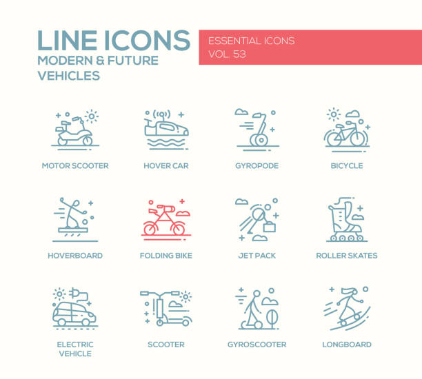 Modern and Future Vehicle - line design icons set Modern and Future Vehicle - modern vector plain line design icons and pictograms set. Motor scooter, folding bike, gyropode, bicycle, hoverbord, hover car, jet pack, roller scates, scooter, gyroscooter, longboard electric longboard motor stock illustrations