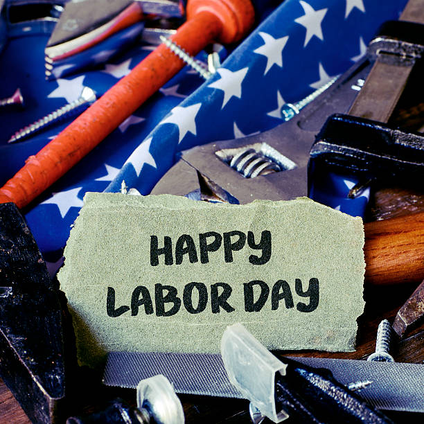 istock tools, American flag and text happy labor day 593308642