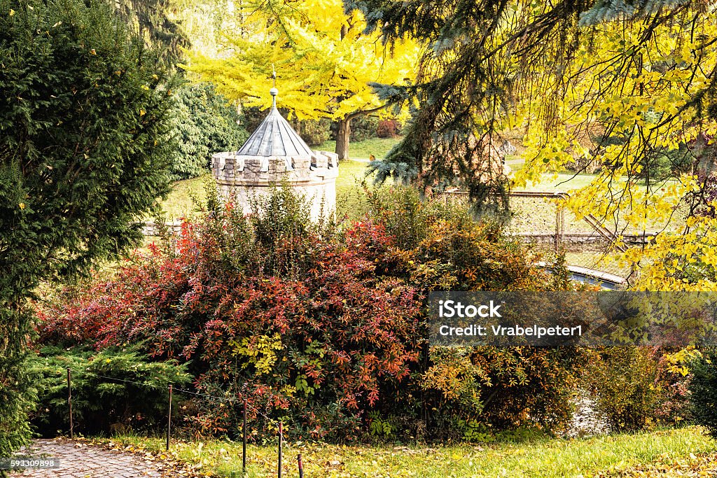 Turret in Bojnice, Slovak republic, autumn park Turret in Bojnice, Slovak republic. Autumn park with colorful trees. Seasonal natural scene. Vibrant colors. Ancient Stock Photo