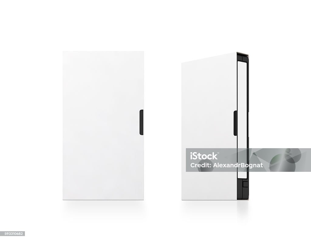 Blank white video cassette tape box mockup, isolated, clipping path. Blank white video cassette tape box mockup, isolated, 3d rendering, clipping path. Clear vhs cassete case design mock up. Retro tv videotape cover template, front, side view. Analog movie casette copy Videocassette Stock Photo